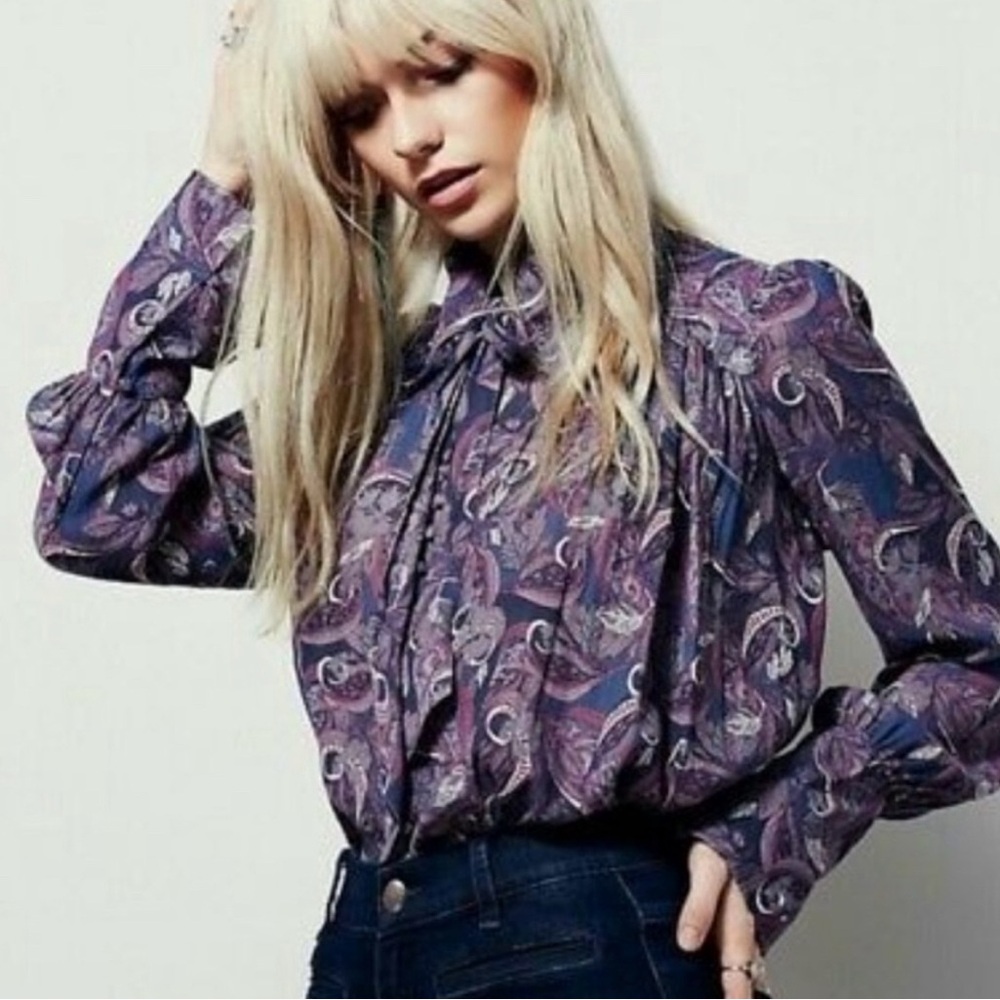 Free People Purple Paisley Button Down Blouse